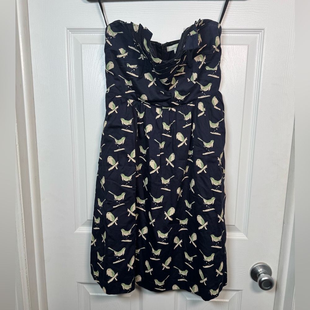 Anthropologie Porridge Sing Sweetly Bird Print Strapless Dress Size 4